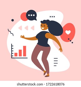 Vector creativa ilustración empresarial de feliz mujer exitosa con gráfico sobre fondo de color. Informe de análisis financiero. Diseño plano de personas de trabajo para web, sitio, afiche, banner