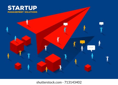 Vector creative business illustration. Launch paper air plane concept on blue background. Group of people and big red paper air plane. Symbol of startup. Stylish design for poster, banner, web, site