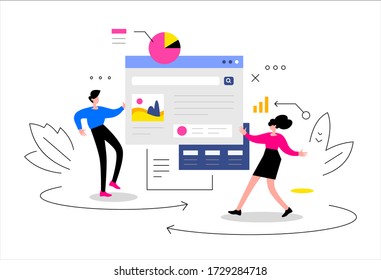 Vector creative business illustration of man and woman with board on white background. Report of financial analytics and statistics. Flat line art style design of work people for web, poster, banner