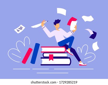 Vector creative business illustration of man with pen and paper sitting on book on color background. Creativity crisis concept. Writer has work start problem. Flat line art style design of work people