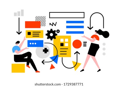 Vector creative business illustration of man and woman with abstract element on white background. Teamwork communication in business process. Flat line art style design of work people for web, banner