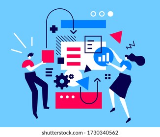 Vector creativo de la ilustración empresarial del hombre y la mujer con elemento abstracto sobre el fondo del color. Comunicación de trabajo en equipo en el proceso empresarial. Diseño de estilo de arte de línea plana para gente de trabajo para banner web