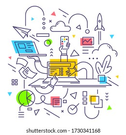 Vector creative business illustration of man hand with laptop and paper document on white background. Startup multitask manager concept. Flat line art style design of work man for web, poster, banner