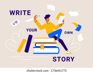 Vector creative business illustration of man with pen and paper sitting on book on color background with word. Writer starting write. Creativity inspiration concept. Flat line art style design of man