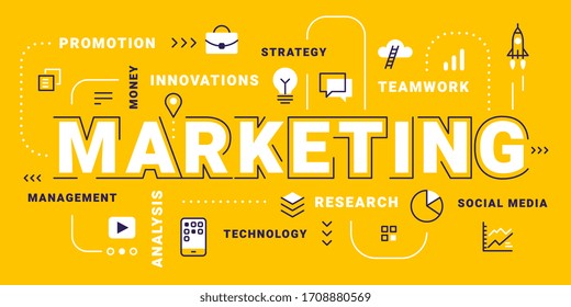 Vector creative business illustration of marketing word lettering typography with icon and tag cloud on yellow background. Flat line art style design of marketing for business social media banner