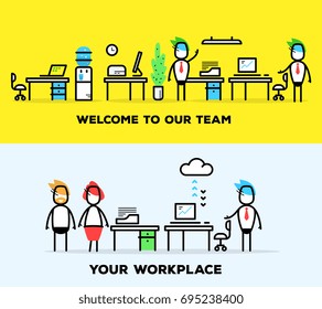 Vector creative business illustration of office people. Employee relations in the office. Job interview concept. teamwork and communication of employees. Line art style design for business banner, web