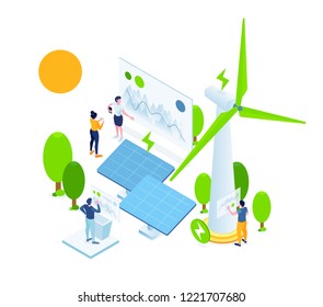 Vector creative business illustration. people are working on alternative green energy. ecological extraction of energy using solar solar panels, wind windmills. creative power plants in trend flat iso