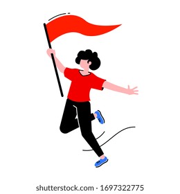 Vector creativa ilustración empresarial de una mujer exitosa con bandera roja sobre fondo blanco. Líder en primer lugar por encima de todo. Diseño de estilo de arte plano para personas para web, sitio, afiche, banner