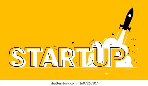 Vector Creative Business Illustration Of Word Startup And Fly Spaceship On Yellow Color Background With Cloud. Flat Cartoon Line Art Style Idea Design For Web Banner, Poster, Site