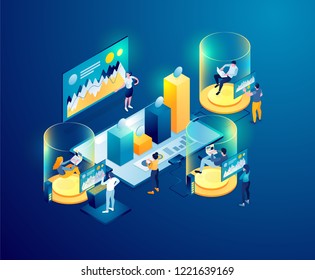 Vector creative business illustration. workflow to create ideas. teamwork on the project and analysis of internet data. Modern and futuristic technologies in design concept. trendy illustration on dar