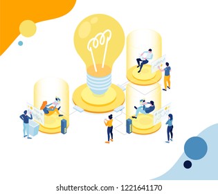 Vector creative business illustration. workflow to create ideas. teamwork on the project and analysis of internet data. Modern and futuristic technologies in design concept. trend illustration