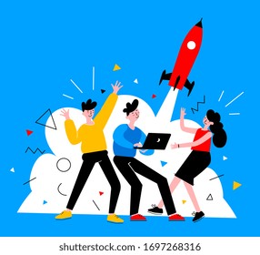 Vector creative business illustration of young happy man and woman team with startup spaceship on blue background with cloud. People launch rocket from laptop. Flat cartoon style design of teamwork