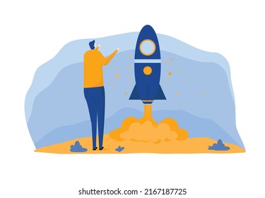Vector creativo de la ilustración empresarial del joven feliz viendo la liberación de cohetes. ilustración de vector de paisaje. adecuado para la imagen de presentación