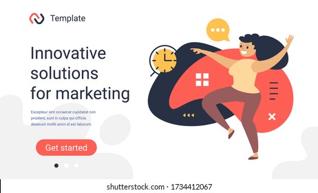 Vector creative business template with illustration of happy successful woman with speech bubble and clock on color background. Office project manager. Flat style design of work people for web, site, 