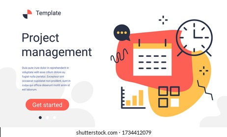 Vector creative business template with illustration of office set icon on color background. Management organization and event planning. Flat line art style design for web, site, banner