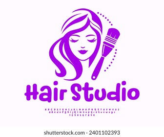 Vector creative card Hair Studio. Playful handwritten Font. Funny Alphabet Letters and Numbers set.