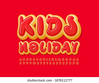 Vector creative card Kids Holiday. Bright tasty Font. Delicious Donut Alphabet Letters and Numbers set