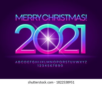 Tarjeta creativa vectorial Feliz Navidad 2021! Fuente brillante y colorida. Letras y números de alfabeto lustroso de moda