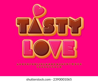Vector creative card Tasty Love. Choco icing Font. Cake style Alphabet Letters and Numbers set.
