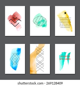 Vector creative cards templates. Hand drawn colorful watercolor ink splatter and brush strokes with abstract icons suitable for shopping, birthday, brochure, banner, poster, cover design.