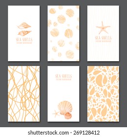 Vector creative cards templates. Hand drawn colorful scribbles and sea shells illustrations suitable for shopping, summer, beach, travel, banner, cover design.