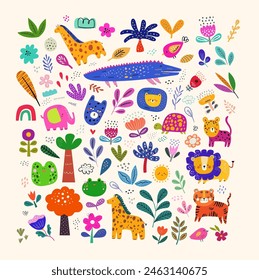 Vector colección de dibujos animados creativos con animales divertidos y árboles. Pegatinas florales modernas