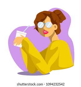 Vector creative cartoon illustration. Cute young woman drinks soda or molkshake at the office. Girl in glasses.