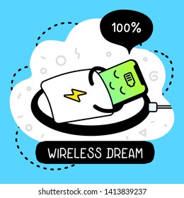 Vector creative cartoon illustration of happy charging smart phone character with battery indicator sleeping on wireless charging. Line art doodle style graphic design for web, site, banner, sticker