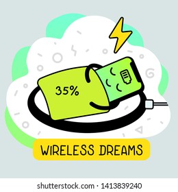 Vector creative cartoon illustration of happy charging smart phone character sleeping on wireless charging. Line art doodle style graphic design for web, site, banner, poster, sticker