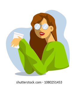 Vector creative cartoon illustration. Morning young woman drinks coffee at the office. Girl in glasses.
