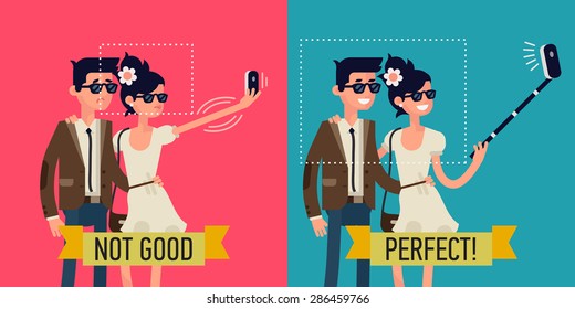 Vector creative character design infographics on young couple trying to make a self portrait together with mobile device. Selfie stick advantages in taking photos