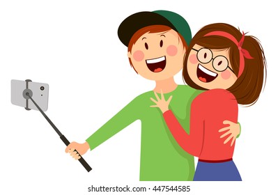 Vector creative character design infographics on young couple standing full length trying to make a self portrait together with mobile device in hand and using selfie stick