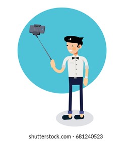 Vector creative character design infographics on young cute man standing full length trying to make a self portrait with mobile device using selfie stick