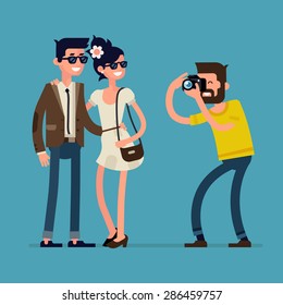 Vector creative character design on young happy couple standing full length posing while photographer taking photos