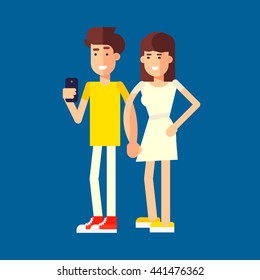 Vector creative character design on young couple standing full length trying to make a self portrait together with mobile device in hand or are looking for a right location via mobile application