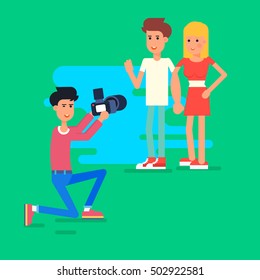 Vector creative character design of young couple standing full length posing together to the professional photographer. Character kit. Flat design vector illustration. 