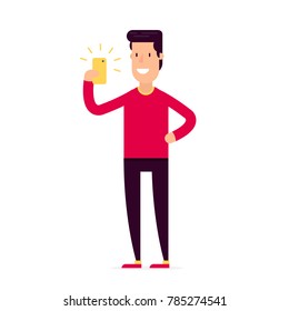 Vector creative character design of young man standing full length trying to make a self portrait with mobile device in hand or are looking for a right location via mobile application