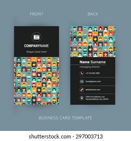 Vector Creative and Clean Business Card Template. Flat Design Illustration with Different People Characters