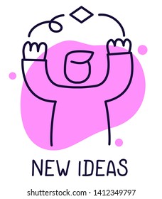 Vector creative color illustration of business man raising hands and pointing up on white background with text. Line art trend style graphic design for web, site, banner, poster, presentation