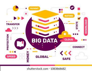 Vector creative color illustration of cloud storage with data server and tag cloud on white background. Cloud storage technology concept. Flat style design with data server for cloud storage solution