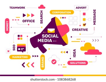 Vector creative color illustration of communication with megaphone and tag cloud on white background. Social media technology concept. Flat style design with megaphone for communication, social media