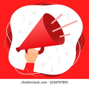 Vector creative color illustration of human hand holding a red loudspeaker in frame. Marketing communication, promotion, pr. Flat style design on white background for web, site, banner, poster