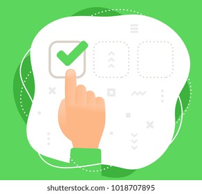 Vector creative color illustration of human hand touching a green check mark of mobile device screen. Symbol of choice, agreement. Flat style design on white background for web, site, banner