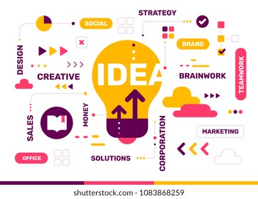 Vector creative color illustration of creative idea with light bulb and tag cloud on white background. Idea technology concept. Flat style design with light bulb for create idea and brainstorm theme