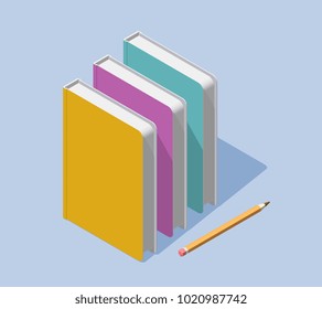 Vector creative color illustration of isometric standing books with pencil and shadow. Education and knowledge concept. 3d style design of book for web, site, banner