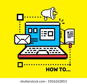 Vector creative color illustration of opening laptop with icon of megaphone, email, book on yellow background. Computer techology concept. Flat line art pixel retro style design of laptop for web