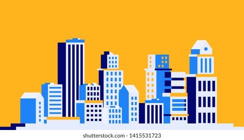 Vector creative color illustration of panorama of a isometric blue city on yellow background. 3d style graphic design for web, site, horizontal banner, poster