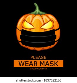 Vector creative color isolated drawing of a pumpkin for halloween on a black background in a mask. Warning sign, announcement.