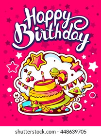 Vector creative colorful illustration of cake with candle, sweets, flags, text happy birthday on pink background with stars. Happy birthday template. Flat style hand drawn line art design of cake