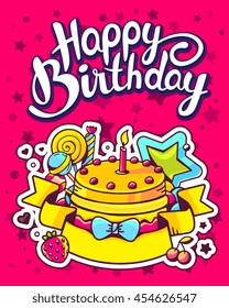 Vector creative colorful illustration of cake with candle, sweets, ribbon, text happy birthday on red star background. Happy birthday template. Flat style hand drawn line art design of birthday cake